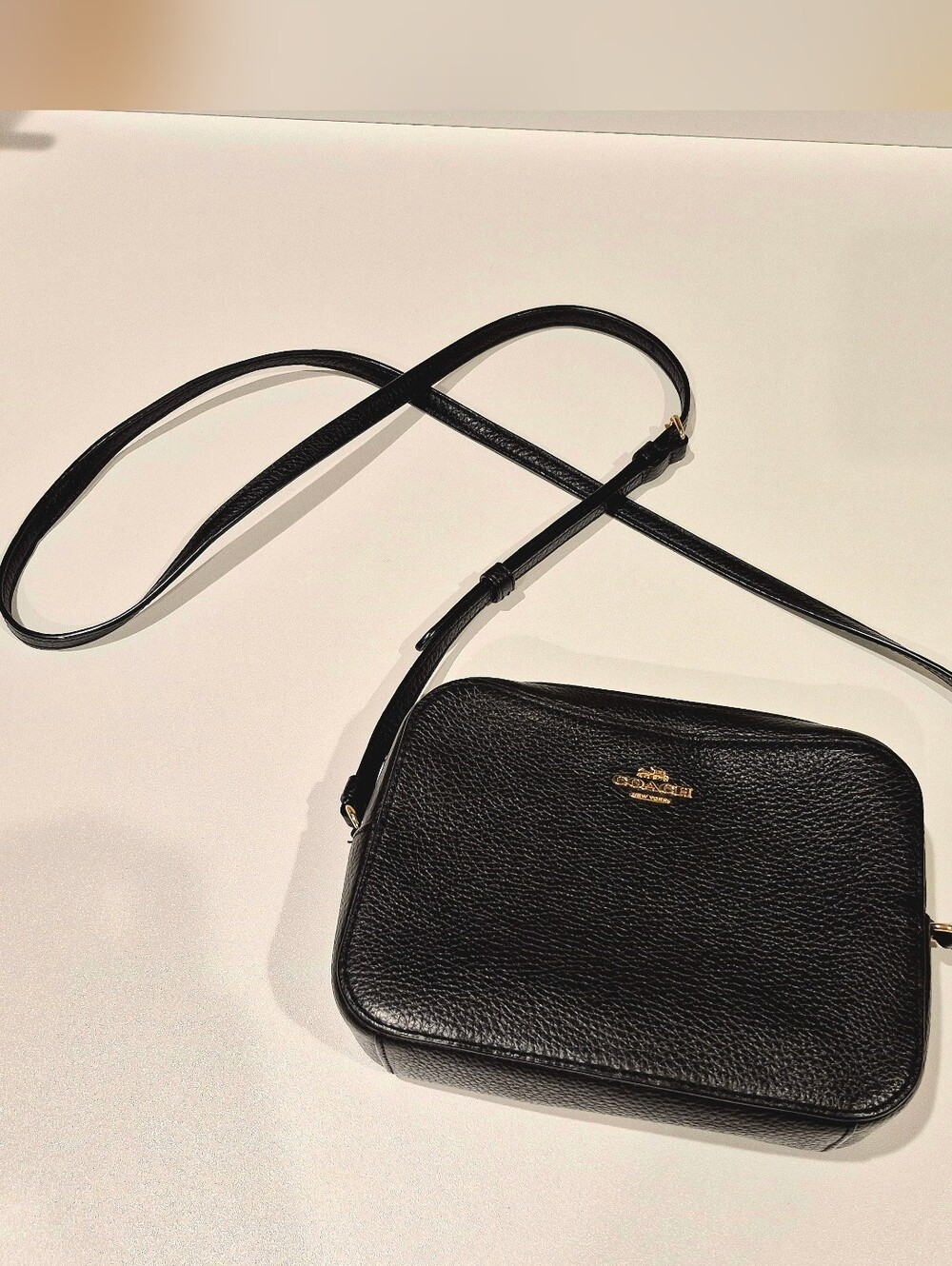 Coach Black Pebbled Leather Camera Crossbody with Gold Logo